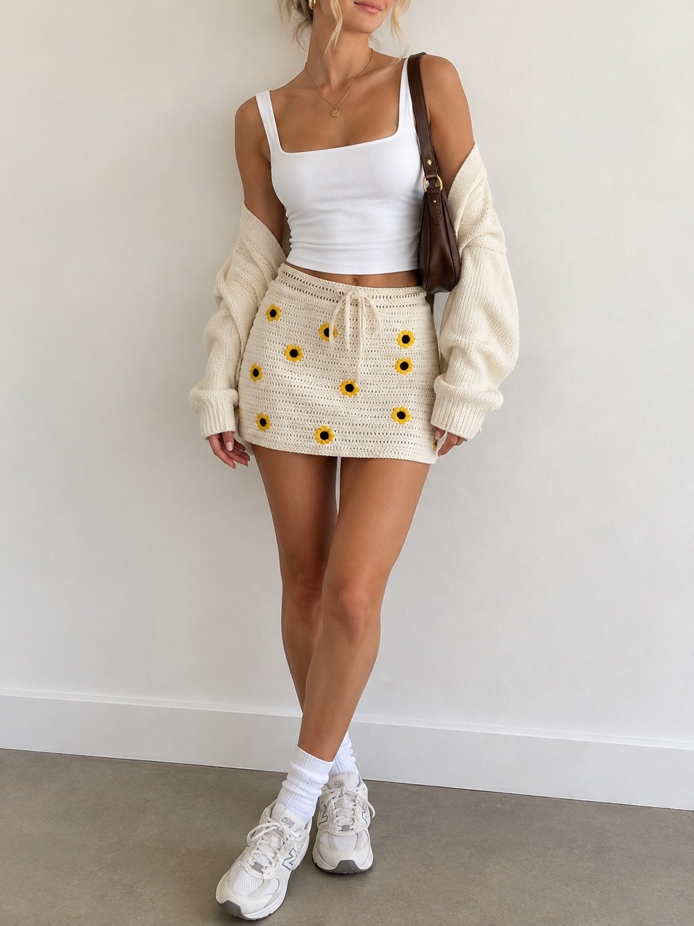 Zara Cream Crocheted Mini Skirt with Yellow Flower Accents
